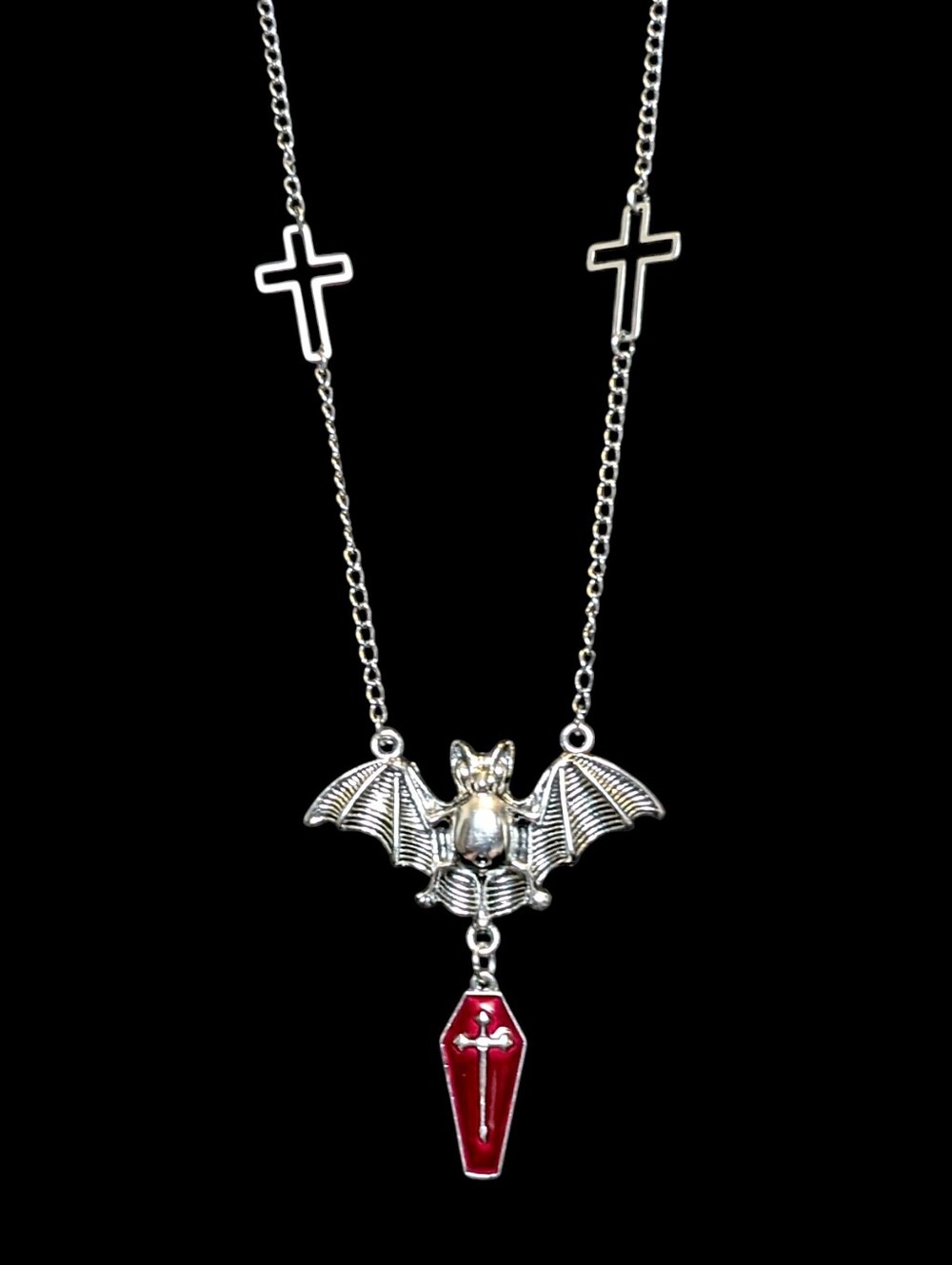 NWT Handmade Goth Punk Silver Bat Red Coffin Long Necklace